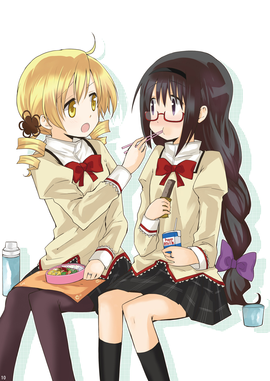 2girls, akemi_homura, black_hair, blonde_hair, blush, braid, candy_bar, cup