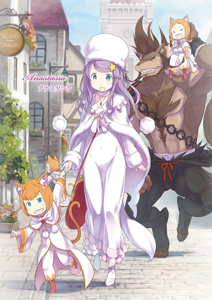 2girls, 3boys, anastasia_hoshin, animal_ears, blue_eyes, capelet, cat_ears, cat_tail