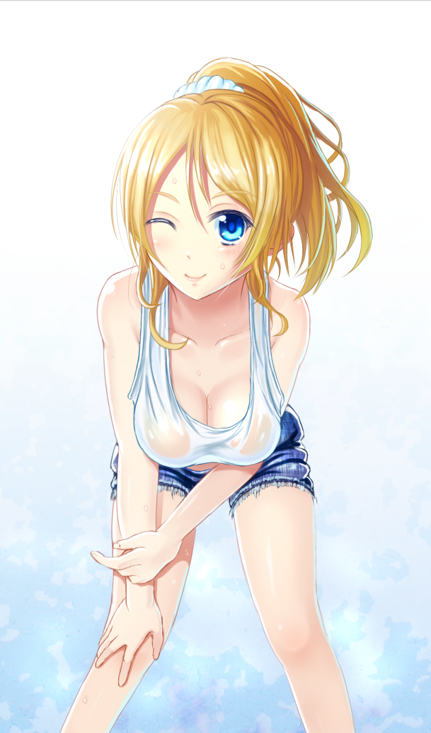 1girl, ayase_eli, bent_over, blonde_hair, blue_shorts, blush, breasts, cleavage, collarbone, downblouse, hati_(19870119hy), long_hair, love_live!, love_live!_school_idol_project, medium_breasts, no_bra, shirt, shorts, smile, solo, sweat, wet_shirt, white_shirt, wink