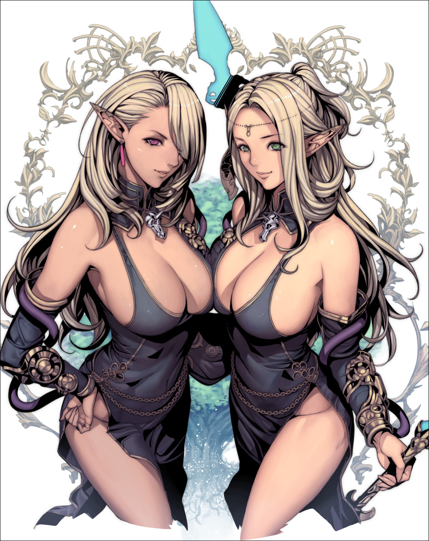 2girls, absurdres, blonde_hair, breasts, cleavage, dress, green_eyes, highres