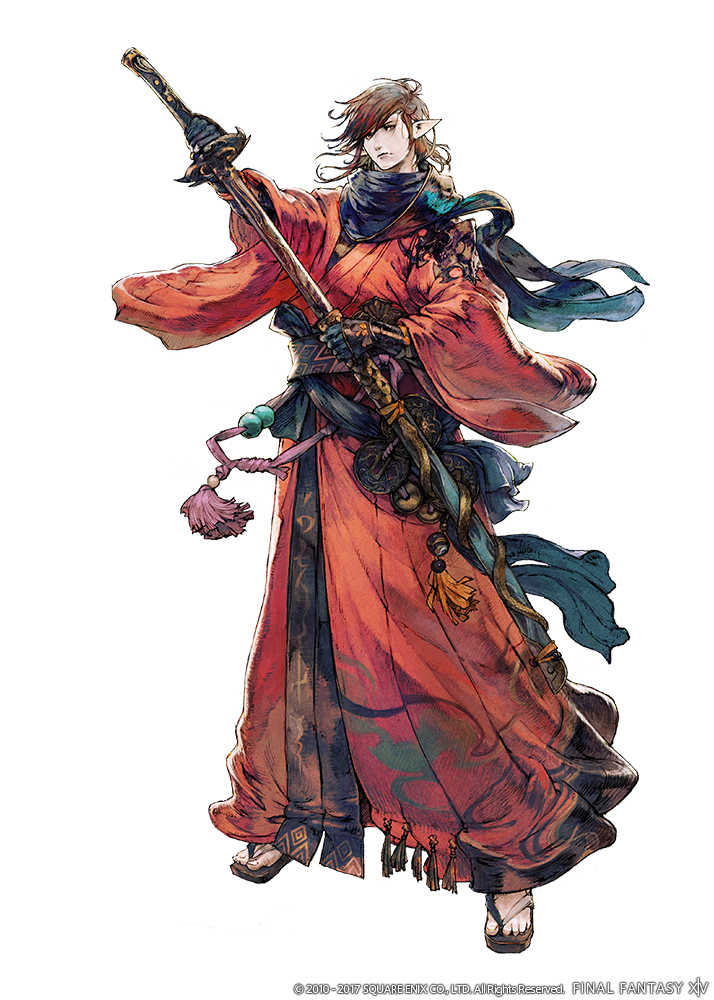 1boy, brown_hair, elezen, elf, final_fantasy, final_fantasy_xiv, katana, long_hair