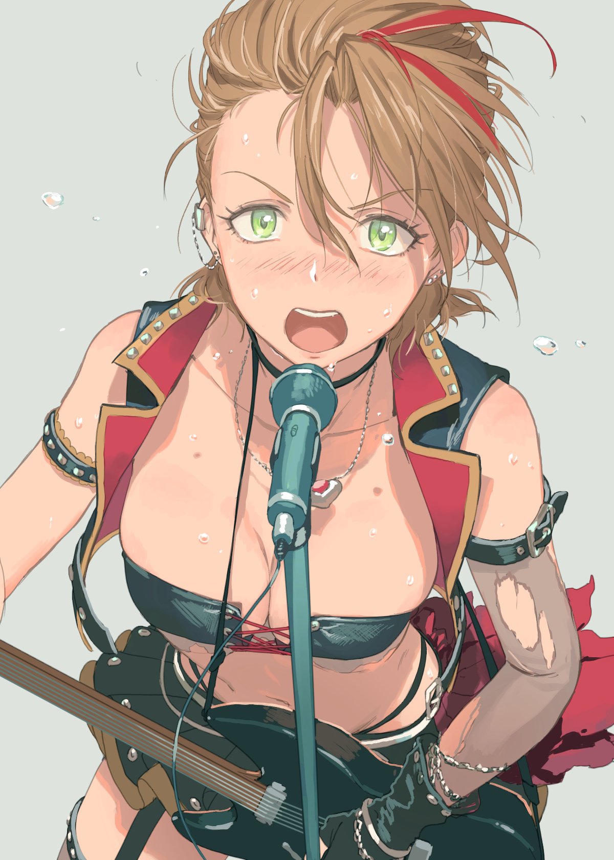 1girl, arm_belt, arm_strap, bandeau, black_choker, black_gloves, black_skirt, blush