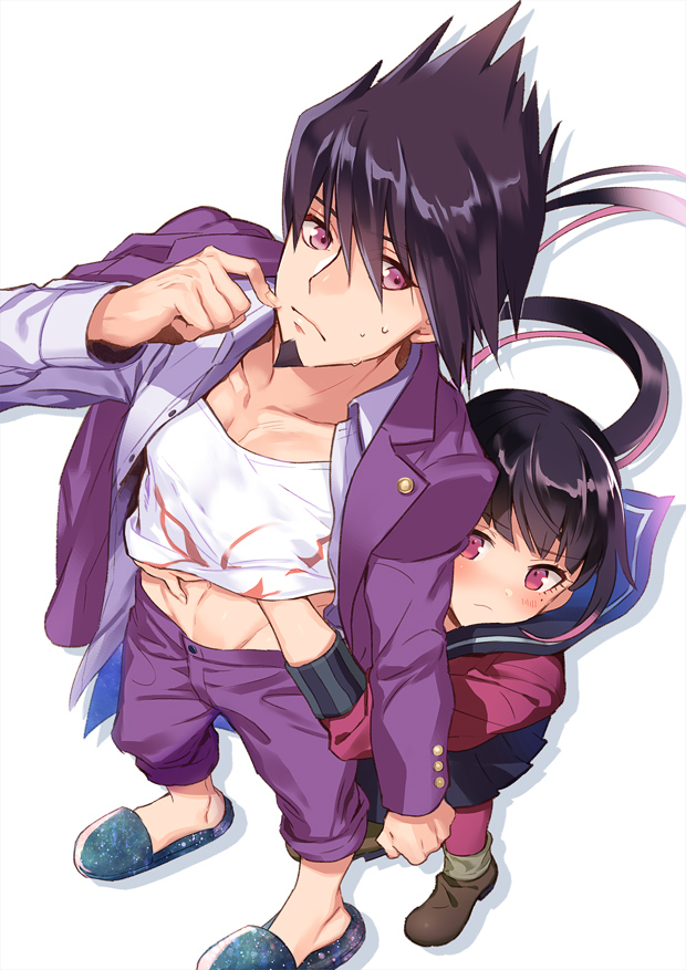 1boy, 1girl, bangs, beard, black_hair, blunt_bangs, blush, dangan_ronpa