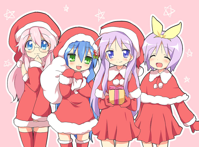4girls, blue_eyes, blue_hair, blush, christmas, gift, glasses, green_eyes, hair_ribbon, happy, hat, hiiragi_kagami, hiiragi_tsukasa, izumi_konata, long_hair, lucky_star, maruki_(punchiki), mole, multiple_girls, pink_hair, purple_hair, ribbon, santa_costume, santa_hat, smile, stocking_cap, takara_miyuki, tareme, thigh-highs, thighhighs, tsurime, twintails, zettai_ryouiki