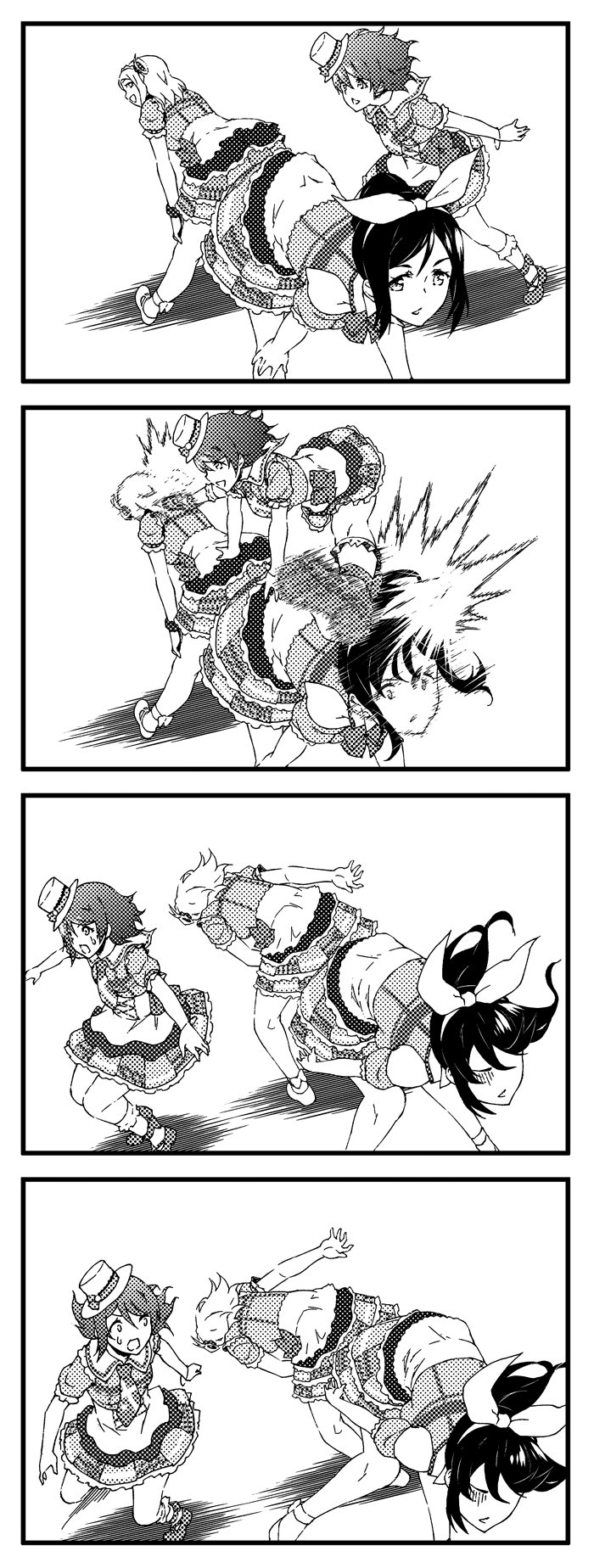 /\/\/\, 3girls, 4koma, ankle_bow, ankle_ribbon, ass-to-ass, bent_over, bow