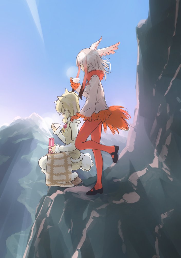 2girls, alpaca_ears, alpaca_suri, alpaca_tail, animal_ears, bangs, bird_tail, blonde_hair