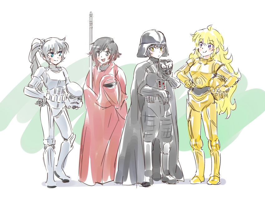 4girls, blake_belladonna, c-3po, c-3po_(cosplay), cosplay, darth_vader, darth_vader_(cosplay), emperor's_royal_guard, highres, iesupa, multiple_girls, ruby_rose, rwby, star_wars, stormtrooper, weiss_schnee, yang_xiao_long