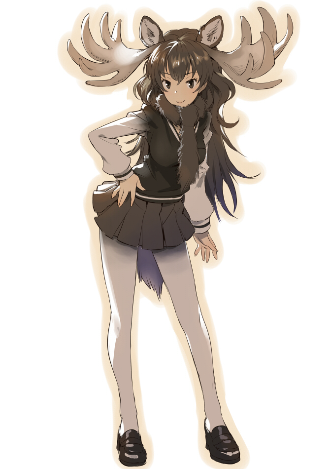 1girl, antlers, black_eyes, black_skirt, blush, brown_hair, commentary_request, full_body