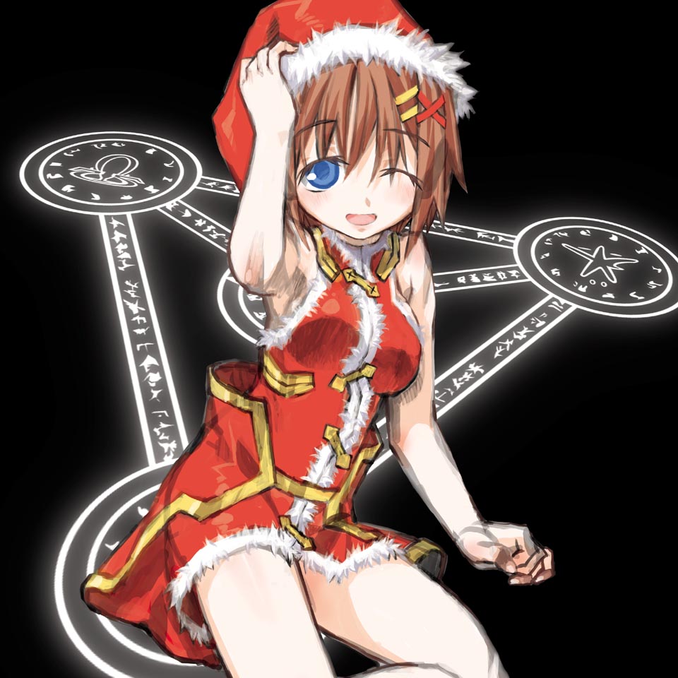 blue_eyes, brown_hair, christmas, kakashichi, magic_circle, mahou_shoujo_cosplay_hayate, mahou_shoujo_lyrical_nanoha, omega_symbol