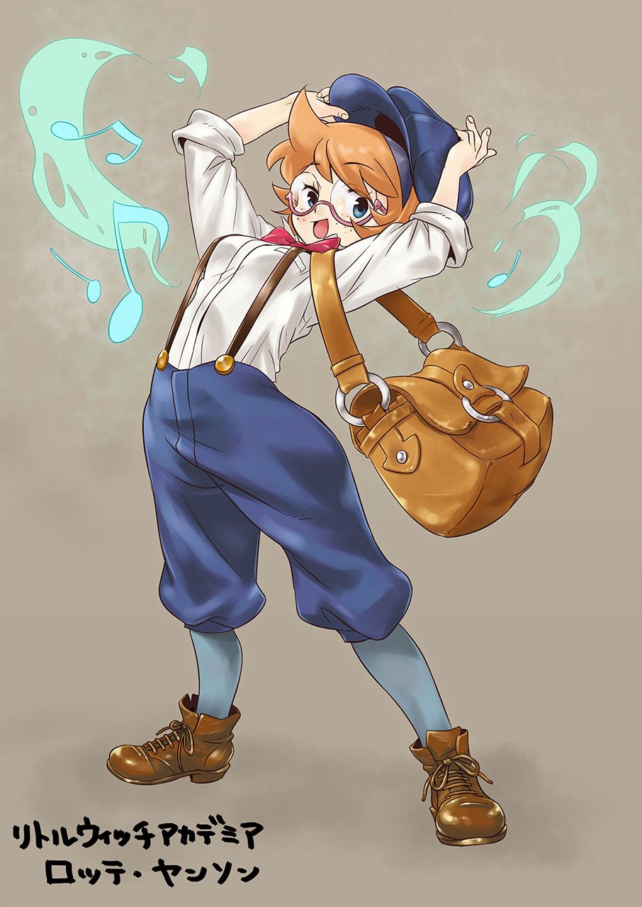 bag, bow, bowtie, cosplay, dress_shoes, freckles, glasses, hairband, hat, highres, jean_coq_de_raltigue, jean_coq_de_raltigue_(cosplay), little_red_riding_hood, lotte_yanson, messenger_bag, open_mouth, orange_hair, secret_of_blue_water, short_hair, shoulder_bag, smile, suspenders