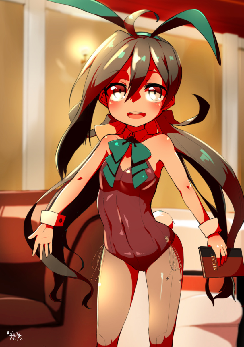 1girl, absurdres, adapted_costume, animal_ears, bare_shoulders, book, bunny_tail, bunnysuit