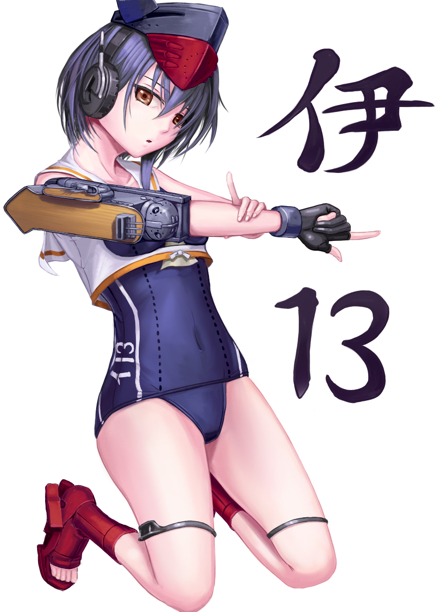 1girl, asymmetrical_hair, black_hair, brown_eyes, character_name, covered_navel, gakky-cf, gloves