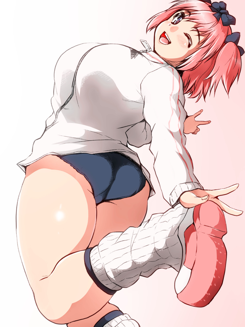 +_+, 1girl, ass, blue_eyes, blush, bow, breasts, buruma