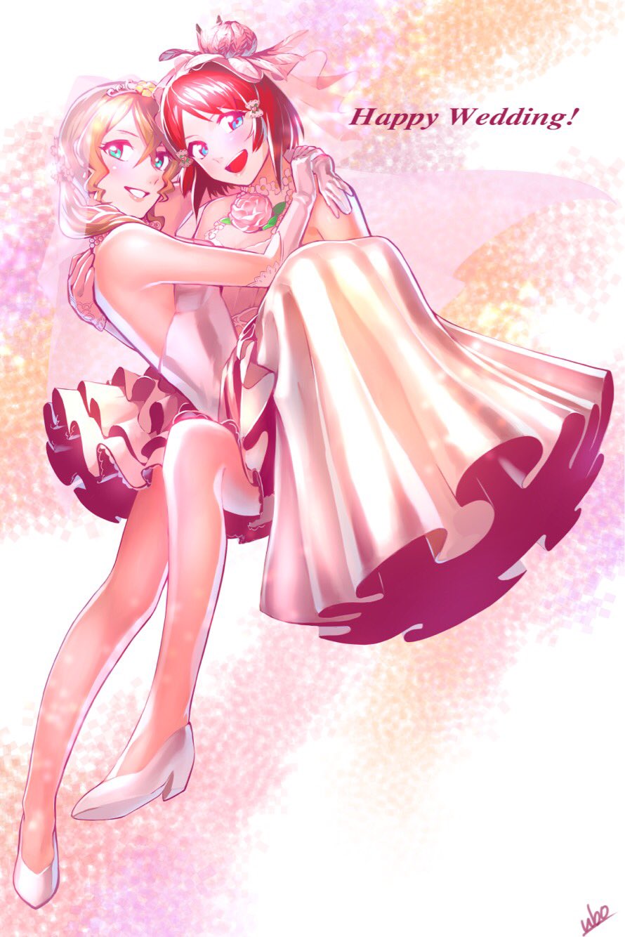 2girls, :d, alisha_diphda, arm_around_neck, artist_name, blue_eyes, brown_hair, carrying