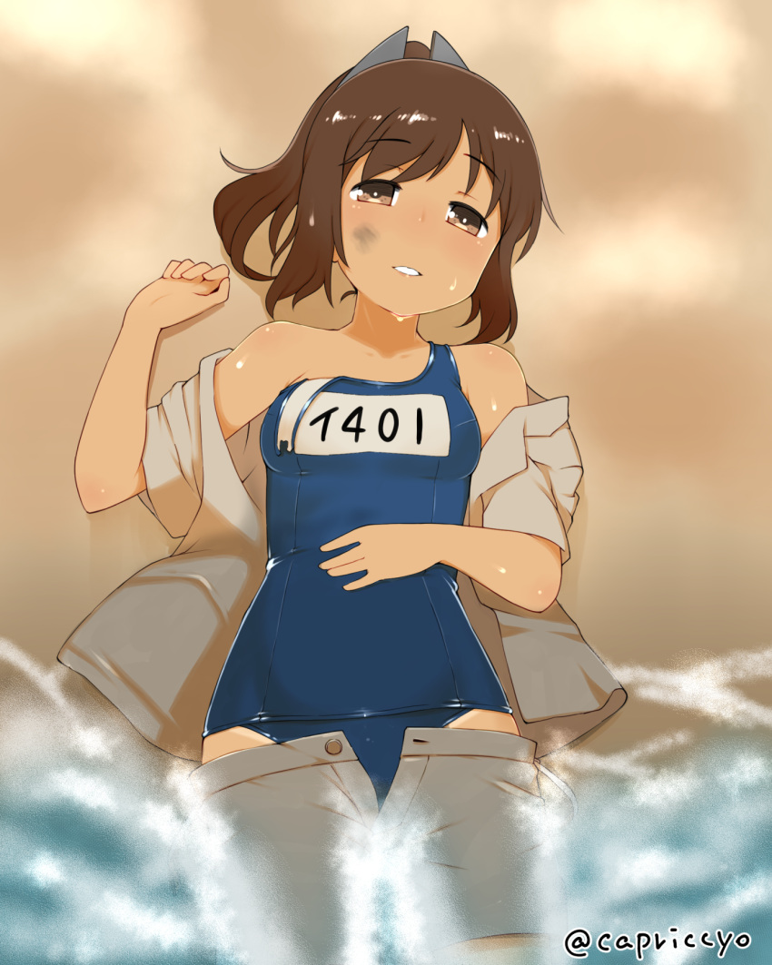 1girl, brown_eyes, brown_hair, brown_shirt, brown_shorts, capriccyo, clothes_removed, dress_shirt