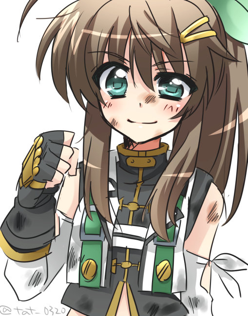 1girl, black_gloves, blue_eyes, brown_hair, clenched_hand, elbow_gloves, fingerless_gloves, fuuka_reventon