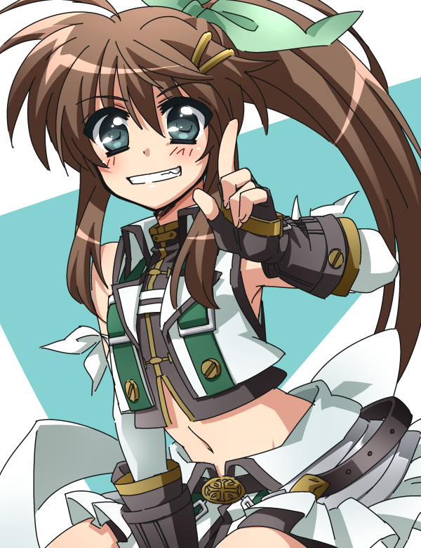 1girl, ahoge, bare_shoulders, bike_shorts, black_gloves, blue_eyes, brown_hair, elbow_gloves, faulds, female, fingerless_gloves, fuuka_reventon, gloves, grin, hair_ribbon, index_finger_raised, long_hair, looking_at_viewer, lyrical_nanoha, midriff, navel, ponytail, ribbon, shiny, shiny_hair, sidelocks, skirt, smile, solo, tatsuko_(tat88), vest, vivid_strike!, white_gloves