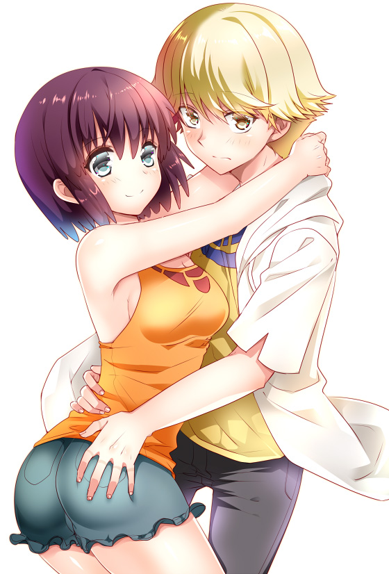 1boy, 1girl, ass, bare_shoulders, blonde_hair, blush, breasts, brown_hair