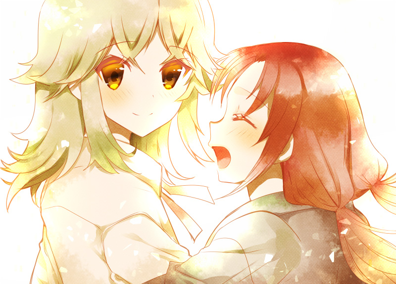 2girls, :d, ^_^, blush, brown_eyes, closed_eyes, emery_almond, green_hair, hino_miwa, long_hair, long_sleeves, low_twintails, multiple_girls, open_mouth, ribbon, shirt, short_hair, sidelocks, smile, soukyuu_no_fafner, sumomo_(peach-breath), twintails, white_shirt