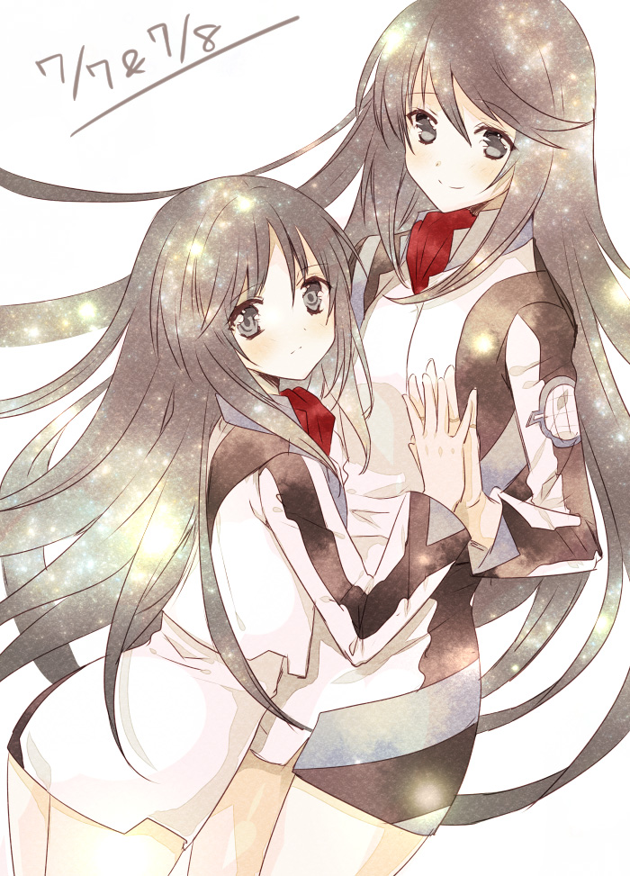 2girls, birthday, black_hair, blush, cropped_jacket, dated, finger_marks, frown