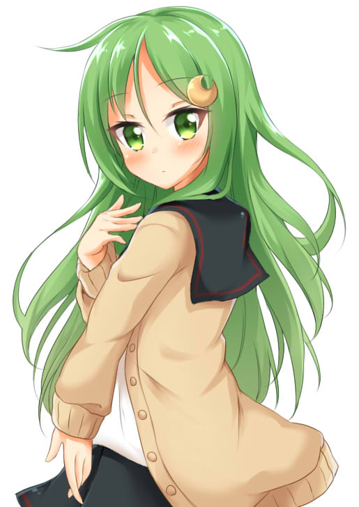 1girl, alternate_costume, blush, commentary_request, crescent, crescent_hair_ornament, eyebrows_visible_through_hair, green_eyes