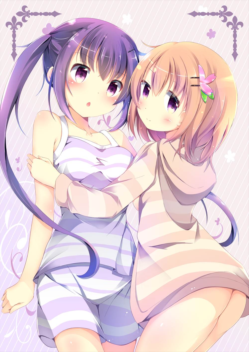 2girls, :o, bangs, bare_shoulders, blush, breasts, chestnut_mouth, clenched_hand