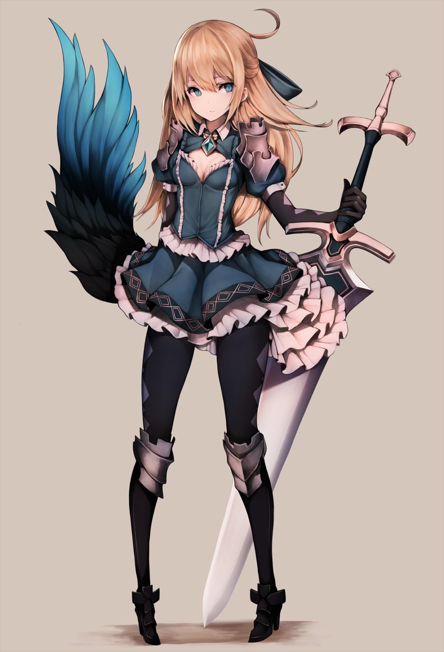 1girl, argyle, argyle_gloves, argyle_legwear, armor, armored_boots, black_legwear, blonde_hair, blue_eyes, boots, frilled_skirt, frills, full_body, gloves, highres, holding, holding_sword, holding_weapon, huge_weapon, inaba_sunimi, jewelry, long_hair, original, puffy_short_sleeves, puffy_sleeves, short_sleeves, simple_background, skirt, solo, spaulders, sword, weapon, wings