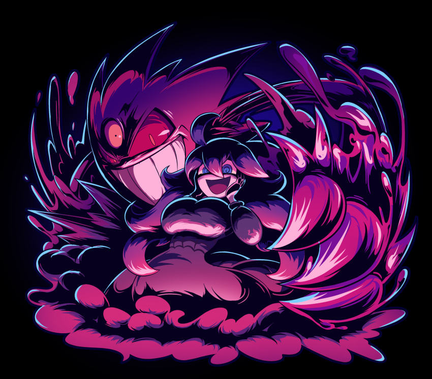 1girl, @_@, aura, berryverrine, black_background, claws, crazy_eyes, dark_aura, evil_grin, evil_smile, gengar, grin, hand_on_own_face, hex_maniac_(pokemon), highres, looking_at_viewer, mega_gengar, mega_pokemon, pokemon, pokemon_(creature), pokemon_(game), pokemon_xy, smile