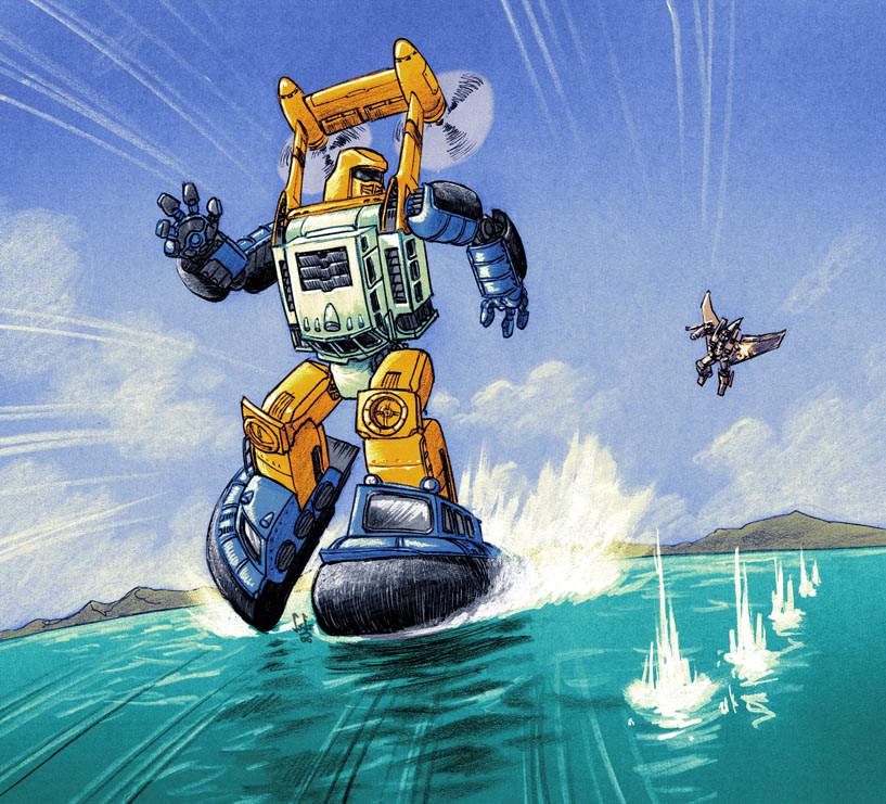 2006, a-loft-on-cybertron, arm_cannon, autobot, battle, chasing, clouds, dated, decepticon, energy_cannon, firing, flying, mecha, propeller, robot, running, scan, science_fiction, seaspray, signature, skywarp, sliding, thundercracker, traditional_media, transformers, turning_head, walking, walking_on_liquid, water, weapon