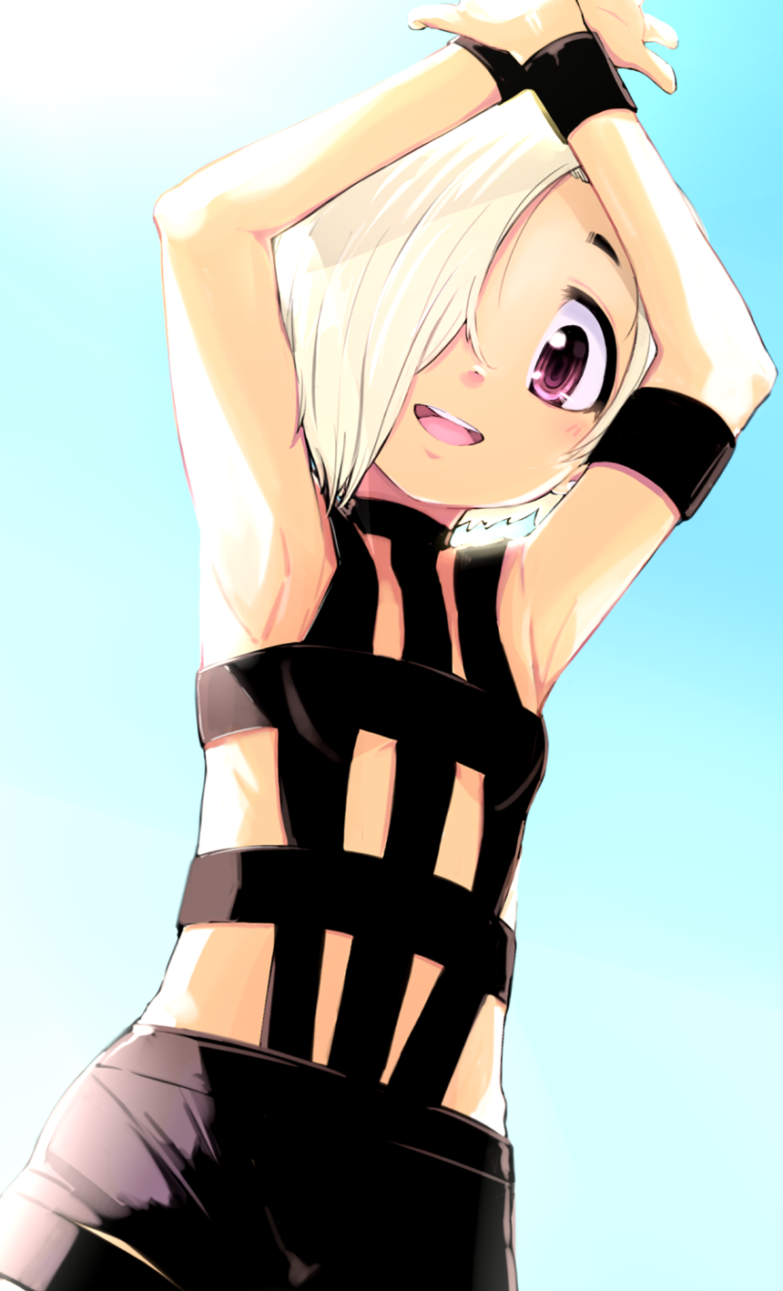 1girl, armpits, arms_up, backlighting, blonde_hair, blush, cowboy_shot, hair_over_one_eye, highres, hot_limit, idolmaster, idolmaster_cinderella_girls, momo_(higanbana_and_girl), open_mouth, pink_eyes, shirasaka_koume, short_hair, solo, t.m.revolution