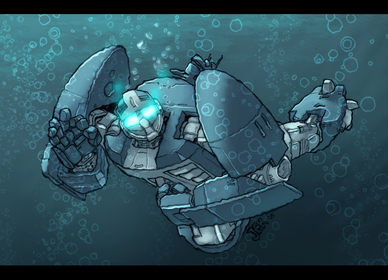 2005, bubble, dated, dcjosh, distortion, dive-dive, glowing, glowing_eyes, gobots, mecha, ok_sign, robot, science_fiction, signature, swimming, underwater, water