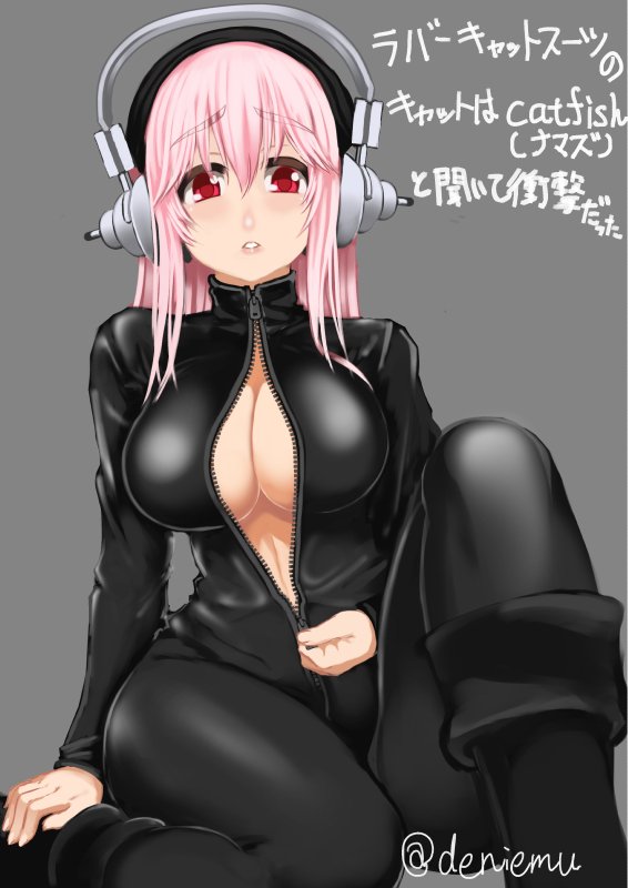 1girl, biker_clothes, bikesuit, blush, bodysuit, breasts, cleavage, deni_m, headphones, large_breasts, long_hair, looking_at_viewer, nitroplus, open_mouth, pink_hair, red_eyes, solo, super_sonico, unzipping, zipper