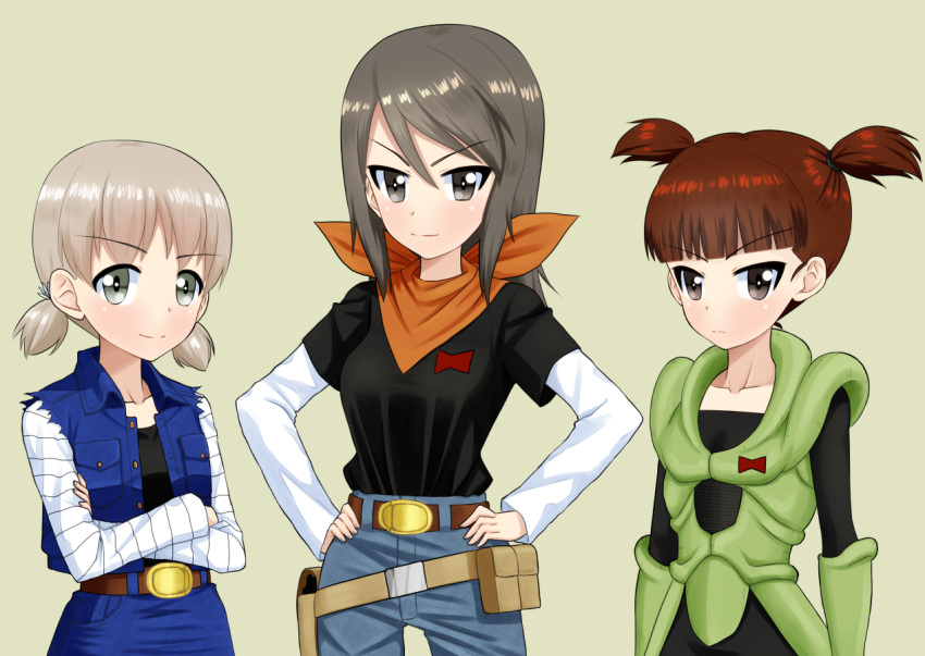 3girls, aki_(girls_und_panzer), android_16, android_16_(cosplay), android_17, android_17_(cosplay), android_18, android_18_(cosplay)