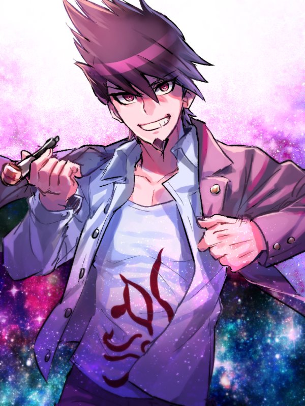 1boy, dangan_ronpa, facial_hair, galaxy_print, goatee, grin, jacket, jacket_on_shoulders