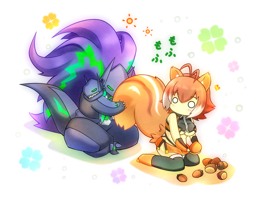 acorn, animal_ears, antenna_hair, blank_eyes, blazblue, breasts, brown_hair, chibi, crop_top, holding_tail, makoto_nanaya, multicolored_hair, o_o, orange_skirt, short_hair, side_slit, skirt, squirrel_ears, squirrel_tail, surprised, susanoo_(blazblue), tail, two-tone_hair, under_boob, zibun