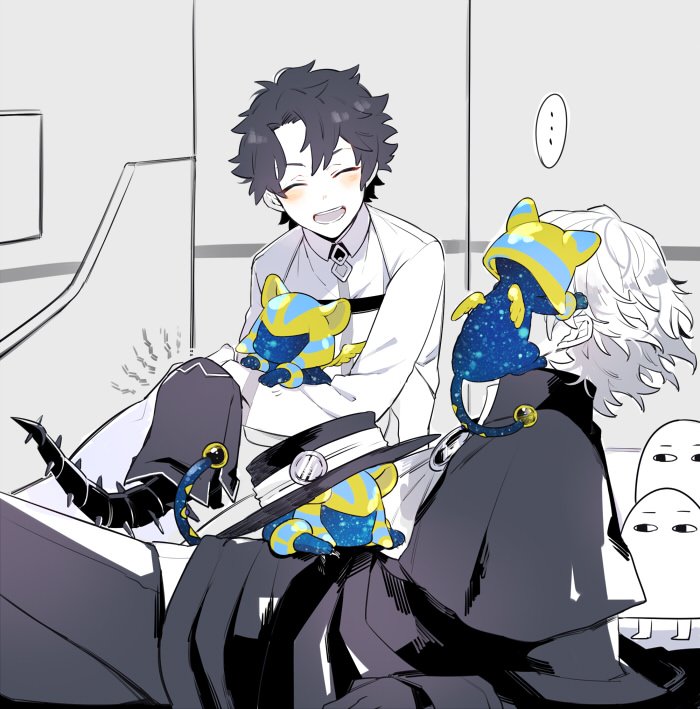 ..., 2boys, :d, animal, animal_on_head, black_cloak, black_hair, blush