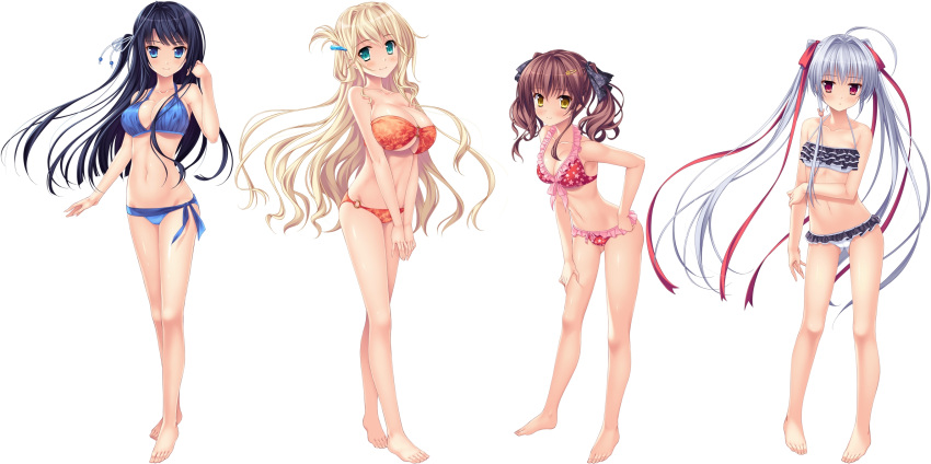 4girls, aqua_eyes, bandeau, barefoot, bikini, black_hair, blonde_hair, blue_bikini