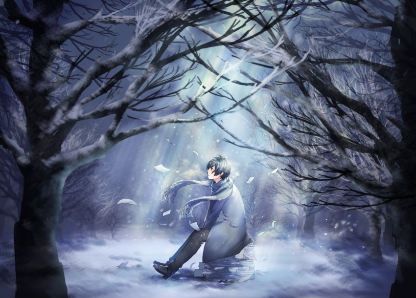 1boy, bare_tree, black_hair, blue_coat, blue_scarf, coat, commentary_request, forest, long_sleeves, looking_up, moonbeam, moonlight, nature, night, original, outdoors, pants, paper, paper_stack, parted_lips, profile, scarf, short_hair, sitting, snow, solo, tree, wind, winter, yamabuki_kanon