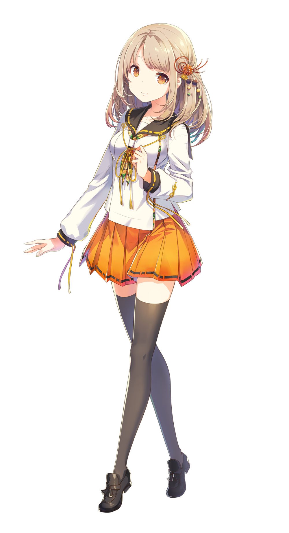 1girl, bangs, black_legwear, black_ribbon, black_shoes, breasts, brown_hair, closed_mouth
