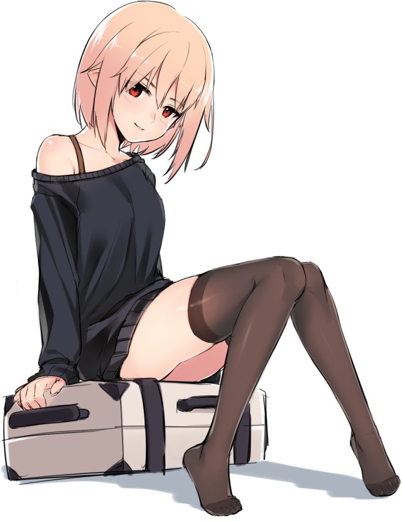 1girl, bangs, bare_shoulders, black_sweater, breasts, brown_legwear, collarbone, dress
