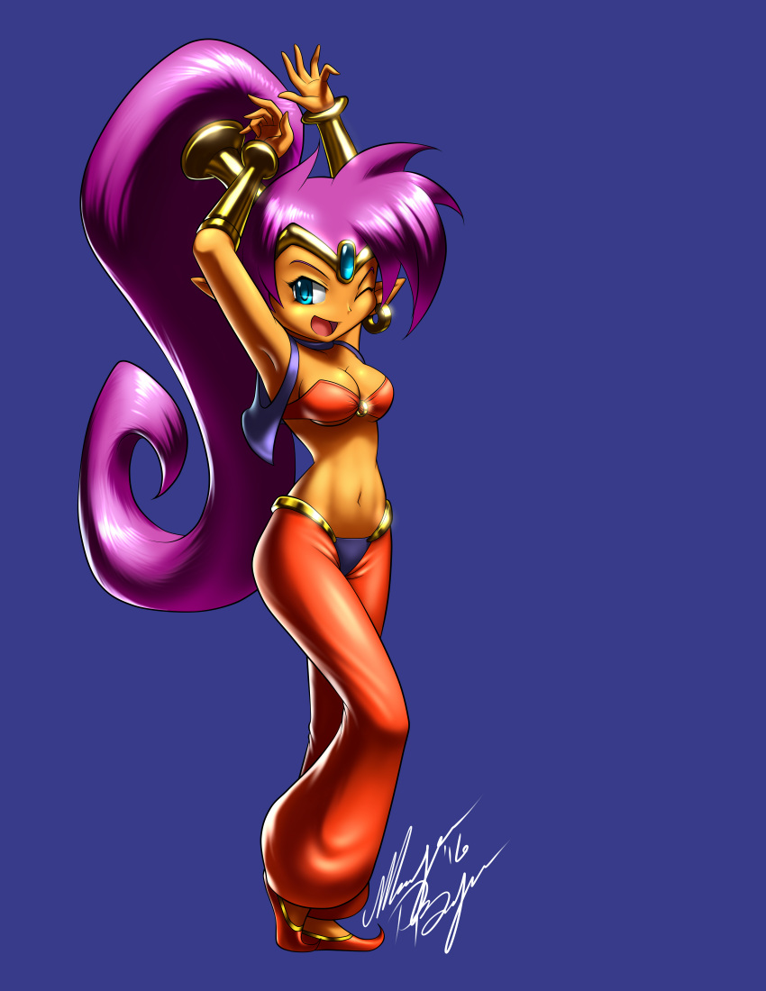 1girl, absurdres, armpits, arms_up, bandeau, blue_background, blue_eyes, breasts, choker, cleavage, dark_skin, earrings, forehead_jewel, full_body, harem_pants, highres, hoop_earrings, jewelry, long_hair, marquis_devon_burgess, medium_breasts, midriff, navel, one_eye_closed, open_mouth, pants, pointy_ears, pointy_shoes, ponytail, purple_hair, shantae, shantae_(character), shantae_(series), shantae_and_the_pirate's_curse, shoes, signature, solo, tiara, under_boob, very_long_hair, vest