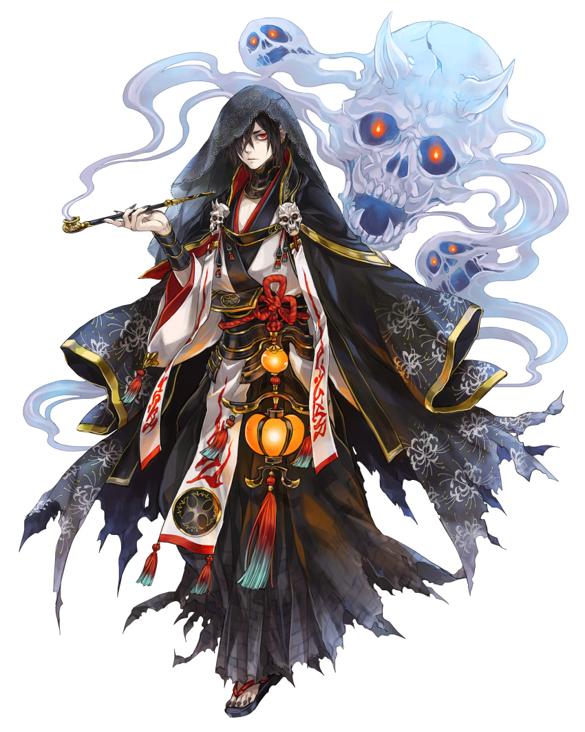1boy, absurdres, black_hair, blonde_hair, full_moon, highres, holding, holding_pipe, long_sleeves, moon, original, pipe, red_eyes, sandals, shinobi_nightmare, short_hair, simple_background, skull, smoke, smoking, solo, toko_yami, veil, white_background