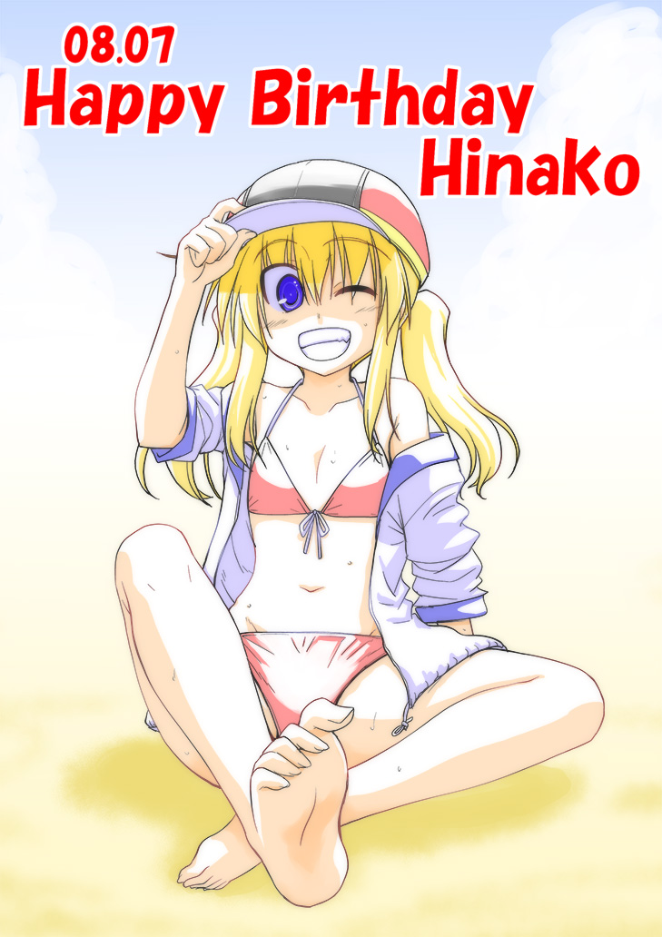 1girl, 2015, barefoot, beach, bikini, blonde_hair, blue_eyes, dated, feet, grin, happy_birthday, hat, jacket, long_riders!, looking_at_viewer, miyake_taishi, navel, off_shoulder, one_eye_closed, open_clothes, open_jacket, pink_bikini, saijou_hinako, sidelocks, sitting, smile, soles, solo, sweat, swimsuit, toes, two_side_up, violet_eyes
