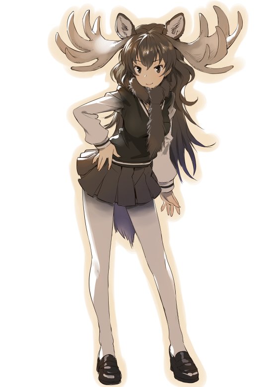 1girl, antlers, black_eyes, black_skirt, blush, brown_hair, full_body, fur