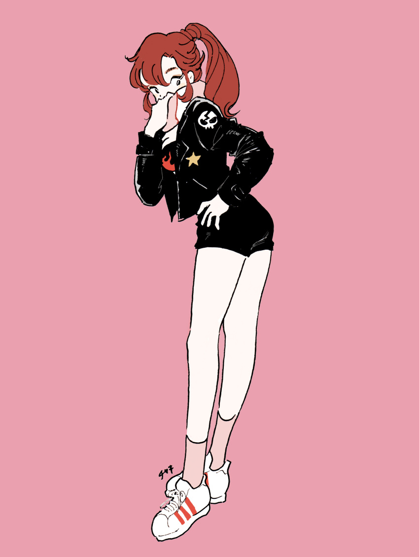 1girl, absurdres, alternate_costume, bangs, bikini_top, black_clothes, covered_mouth, flame_print, full_body, hand_on_hip, highres, jacket, leather, leather_jacket, looking_back, momomura, patch, pink_background, pink_legwear, ponytail, redhead, scarf, scarf_over_mouth, shoes, shorts, signature, simple_background, sneakers, socks, solo, standing, tengen_toppa_gurren_lagann, yoko_littner