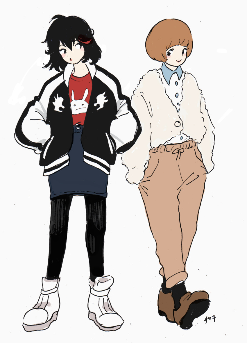 2girls, alternate_costume, black_hair, black_legwear, blush, bob_cut, bomber_jacket, brown_hair