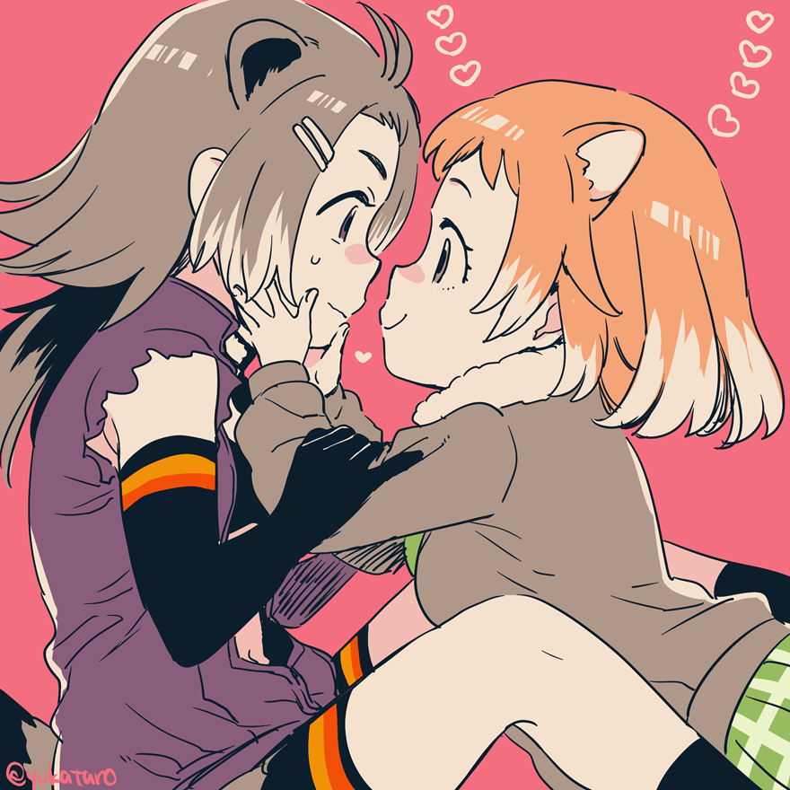 2girls, ahoge, animal_ears, antenna_hair, armpits, bare_shoulders, beaver_ears, beaver_tail