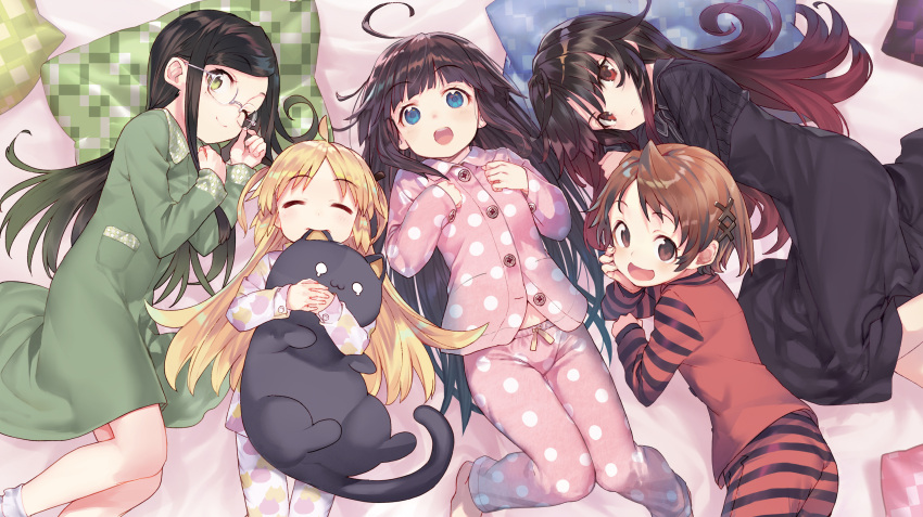 5girls, :d, ;), absurdres, ahoge, animal_print, barefoot, bed_sheet