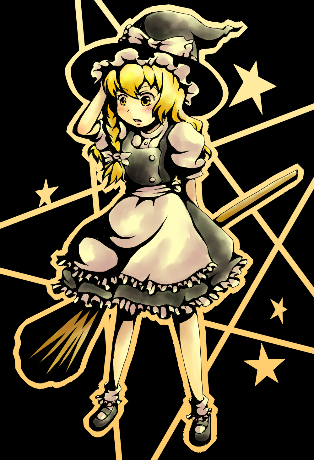 broom, hat, highres, kirisame_marisa, suzutou, touhou, witch_hat, yellow_eyes