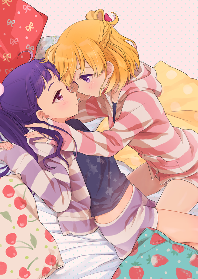 2girls, asahina_mirai, blonde_hair, blush, cherry_print, eye_contact, food_print, gobou_1000